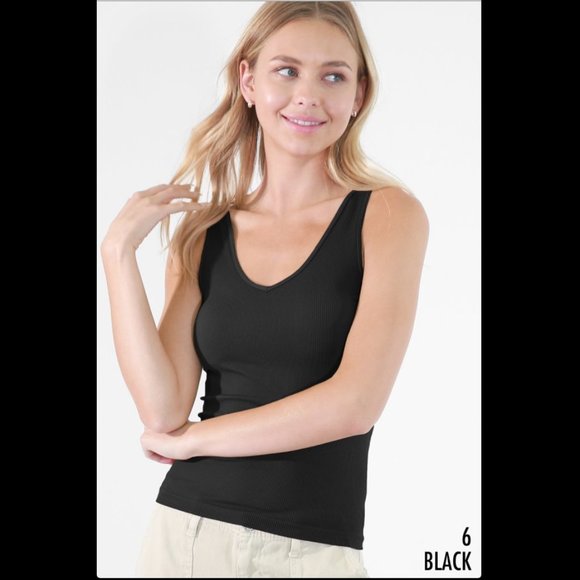 NEW Black Reversible Tight Ribbed Vee and Scoop Tank Top - Picture 1 of 3